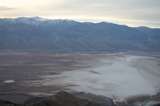 The salt-encrusted valley floor at Badwater Basin, looking down from Dante's View.